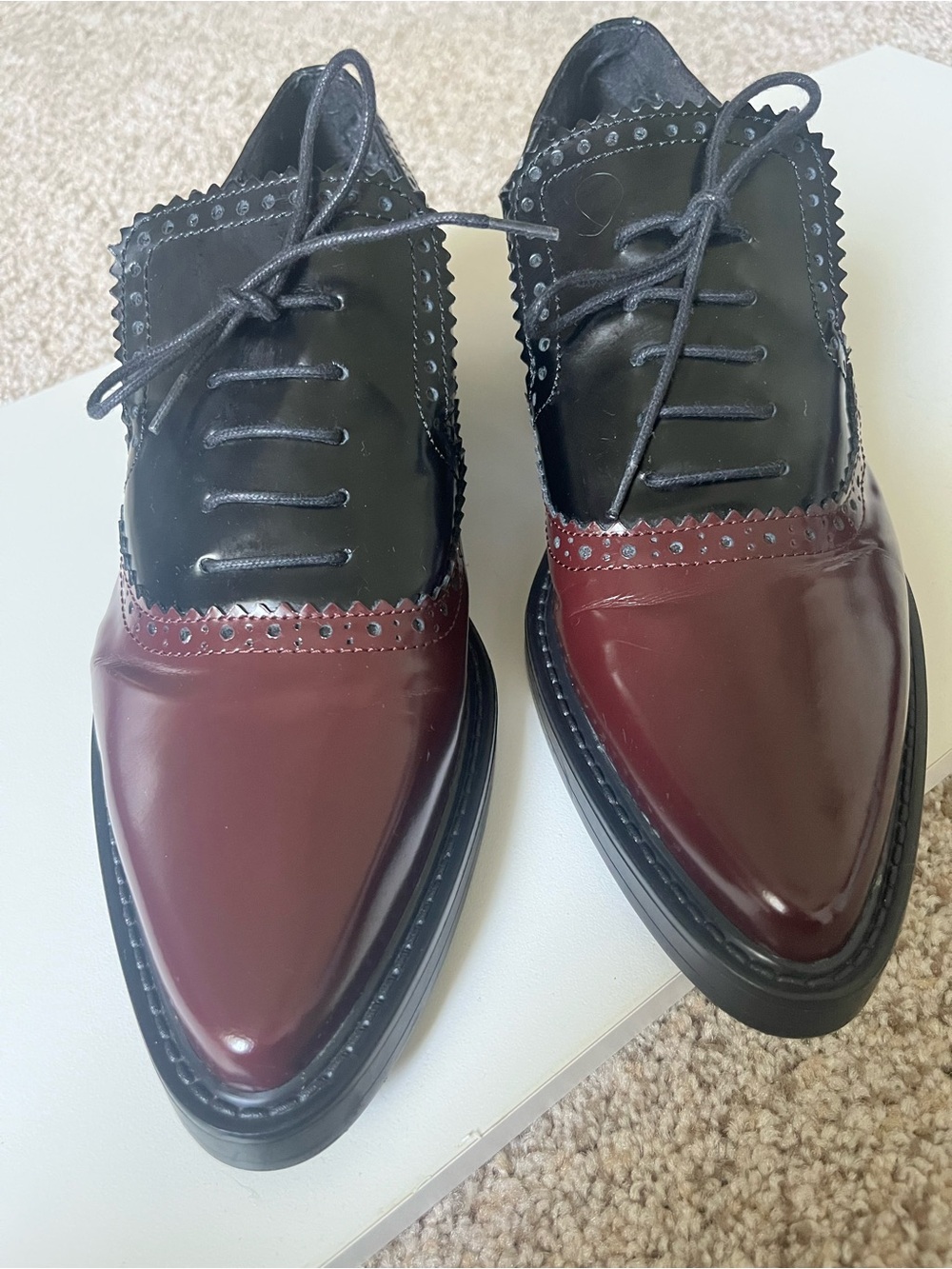 Zara Woman Two-Tone Burgundy and Black Leather Oxford Shoes